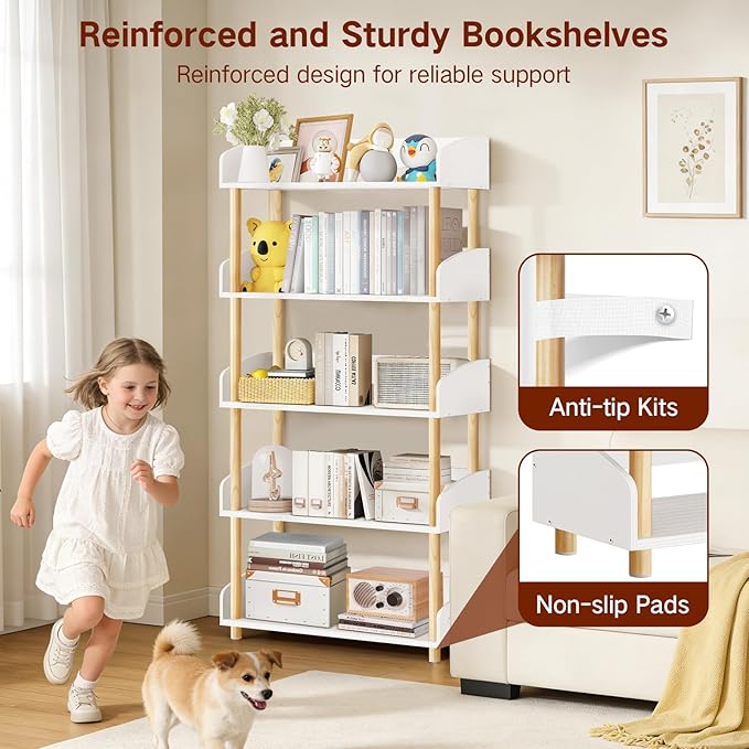 5-Tier Wooden Bookshelf, Modern Open Bookcase