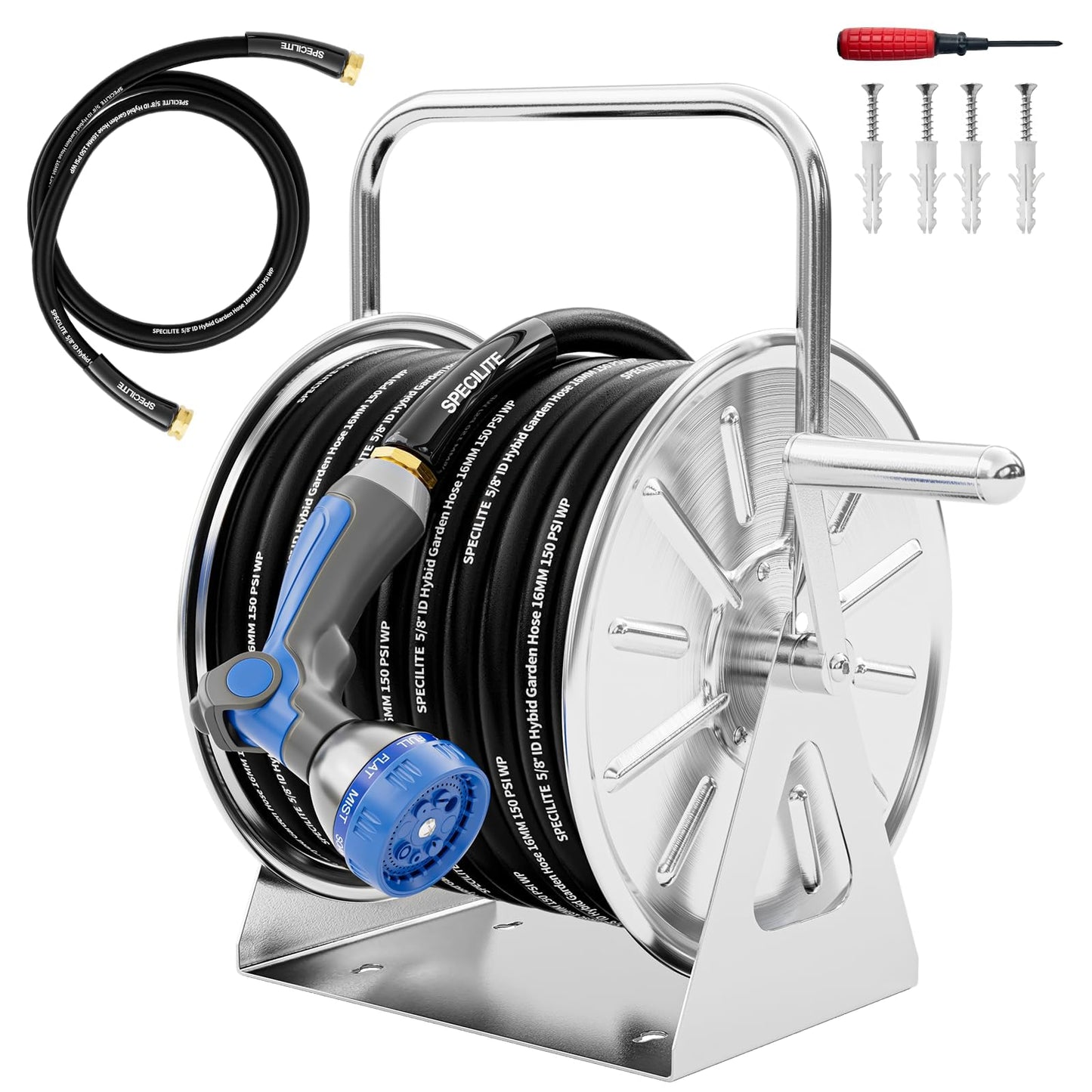 SPECILITE Stainless Steel Garden Hose Reel with 5/8" 75FT Hybrid Rubber Hose and 6FT Leader Pipe, Wall/Floor Metal Mounted Storage Spool with Crank Handle, for Outside, Yard, Patio