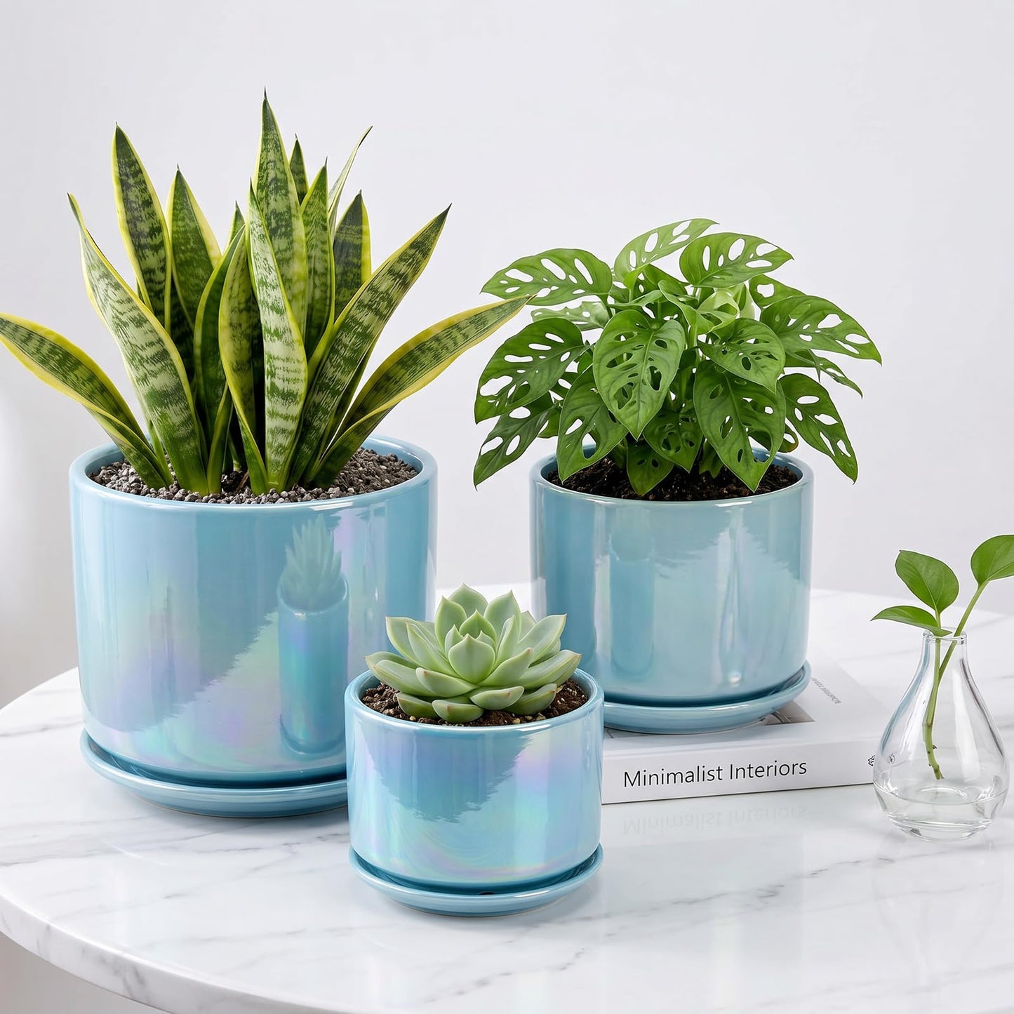 EFISPSS Ceramic Planter 4+5+6 Inch Ceramic Flower pots for Indoor Plants with Drainage,for Succulent Cactus,Garden Planters,Modern Decorative for Home Blue Pearl Glaze Plant Pots