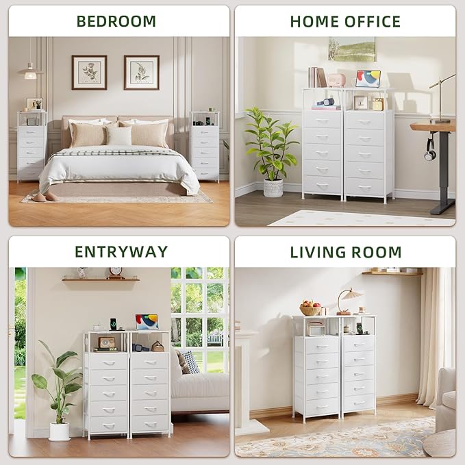 Somdot White Nightstand with Charging Station and LED Light