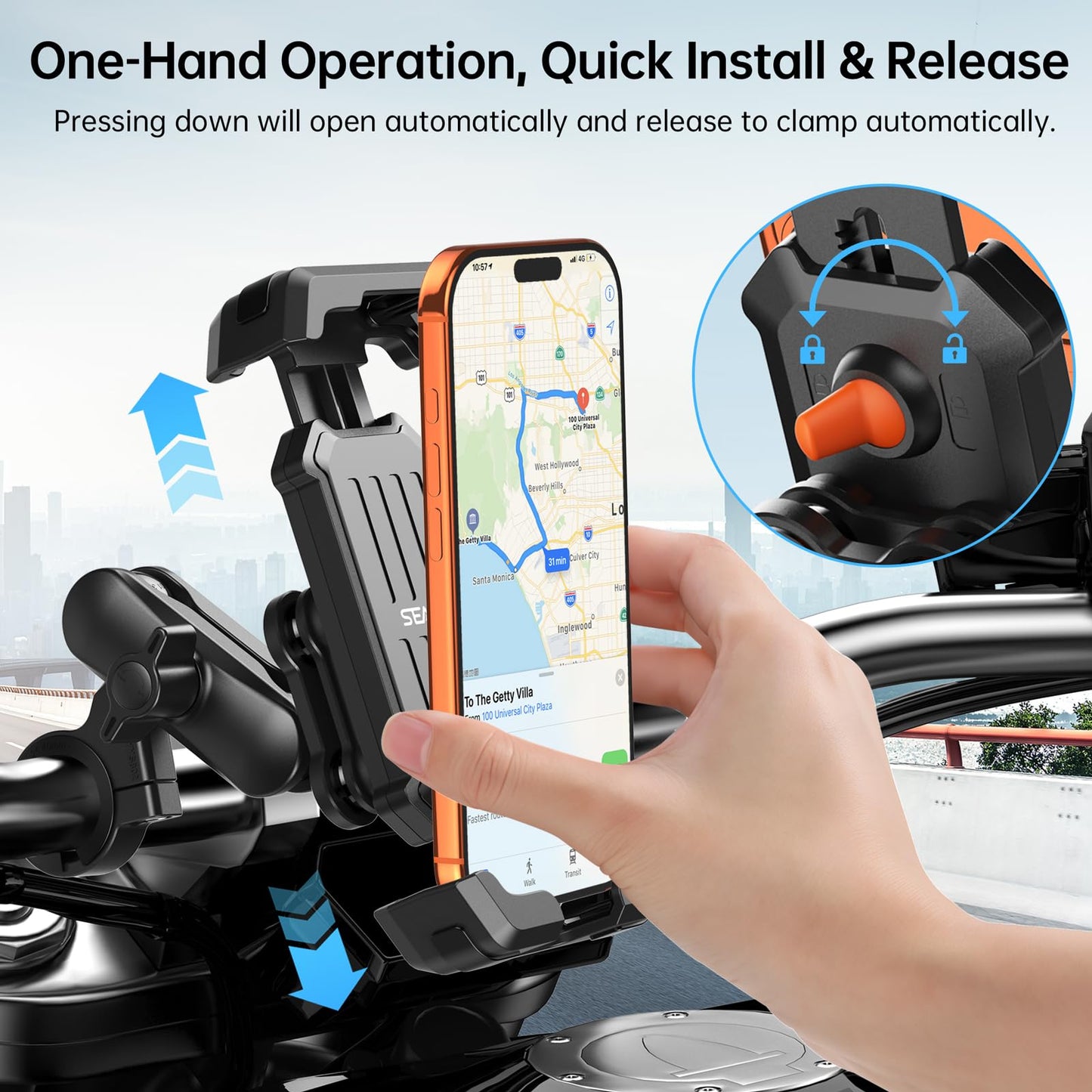 SEAJIC Motorcycle Phone Mount with Vibration Dampener & Security Lock, 720° Adjustable Bike Phone Holder Handlebar, Anti-Theft Motorcycle Phone Holder for iPhone 17/16/15/14/13 Series, 4.5-6.8" Phones