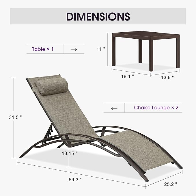PURPLE LEAF Outdoor Chaise Lounge Chair Set of 3 Patio Pool Lounger Bronze