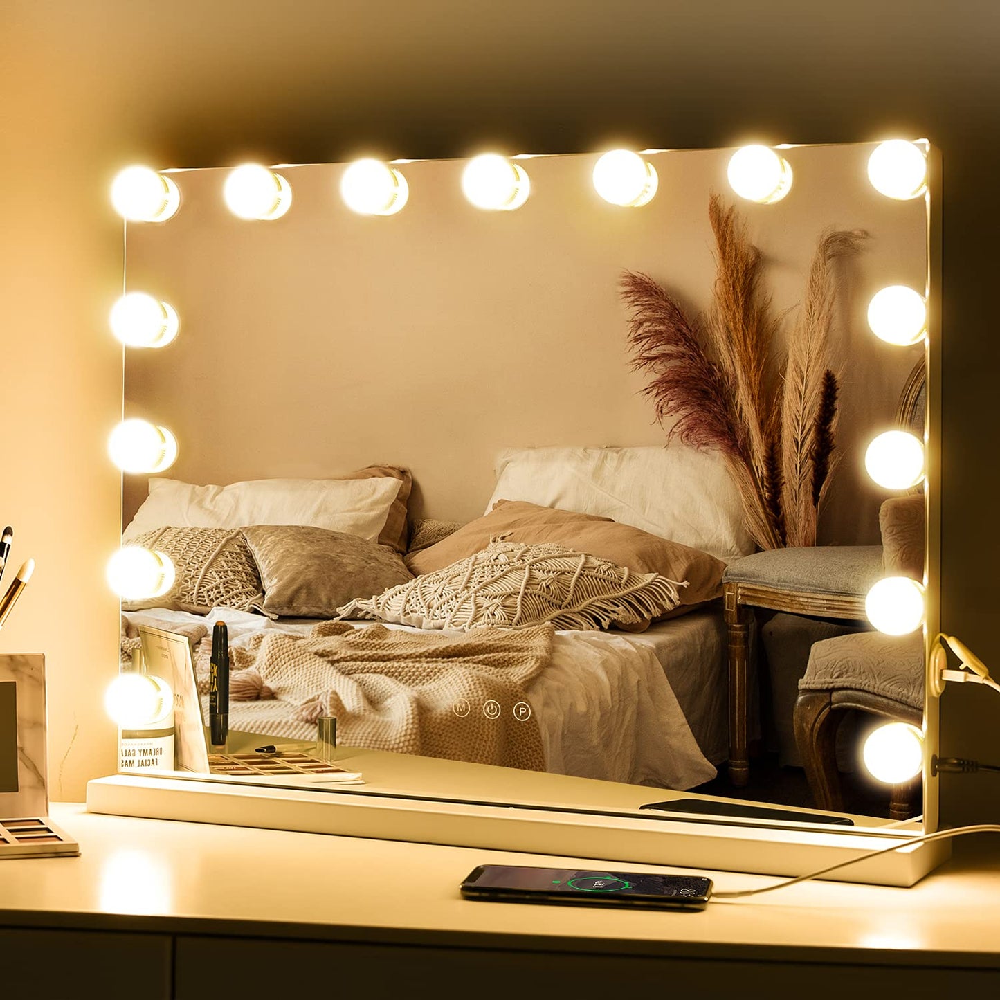 M MIVONDA Hollywood Vanity Mirror with Dimmable 15LED Bulbs Lights 3 Lighting Modes 2in1 Large Lighted Makeup Mirror for Desk and Wall with Plug-in and USB Charger Port
