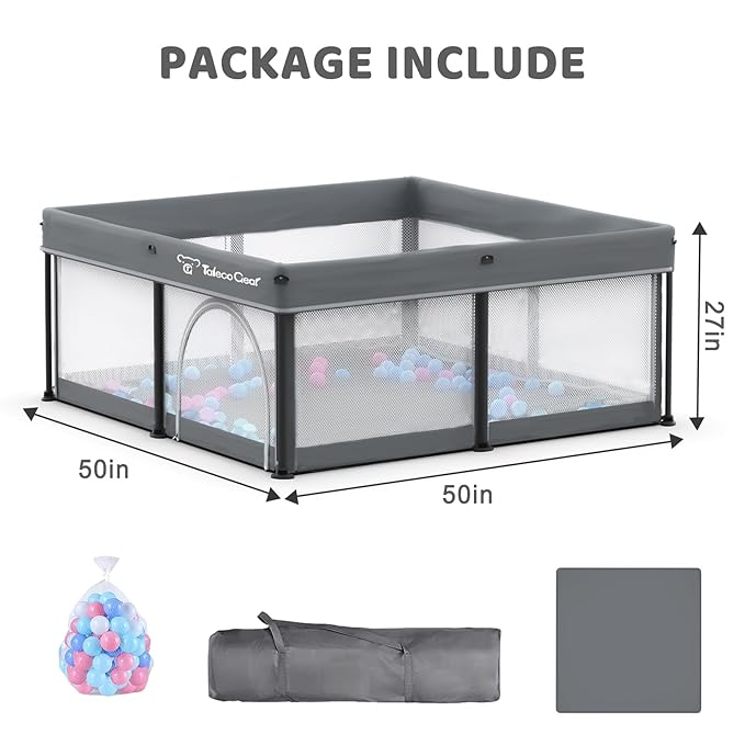Taleco Gear Foldable Baby Play Pen with Mat, 50''x50'' Playpen for Babies and Toddlers, Playpen for Baby with Gate, Breathable,Foldable Travel Play Pen with 50 Ocean Balls