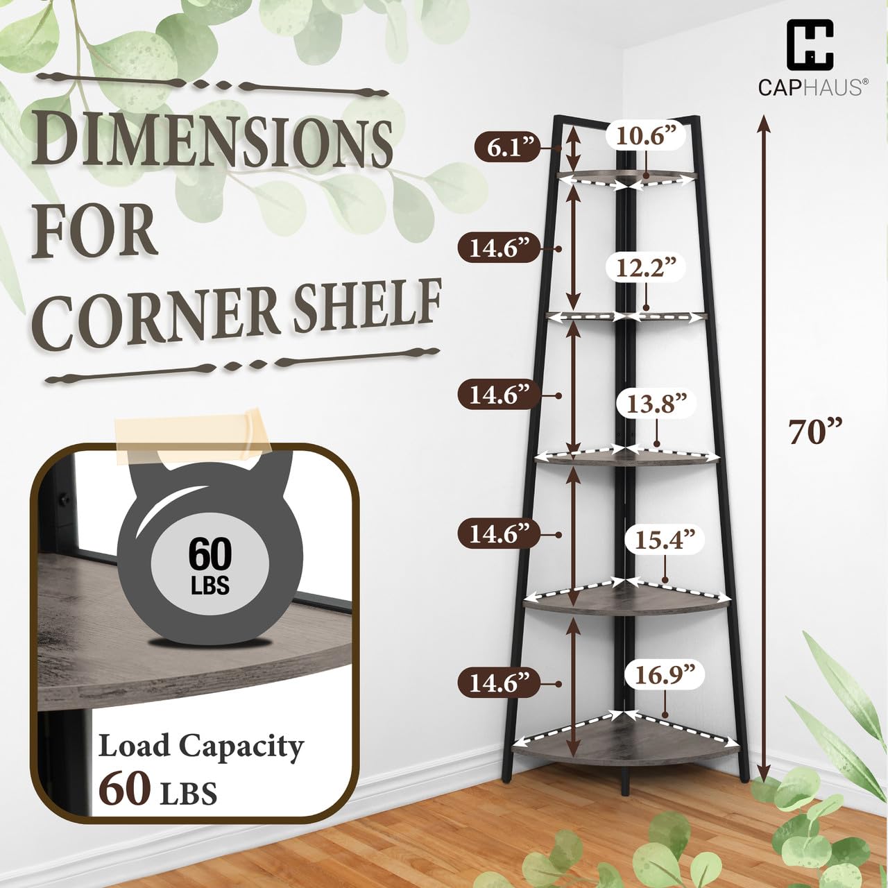 CAPHAUS Tall Corner Shelf Stand, 5-Tier Display Shelves, Ladder Corner Wood Storage Plant Bookshelf with Metal Frame, Versatile Shelving Unit Bookcase for Home Office Space, Dark Grey