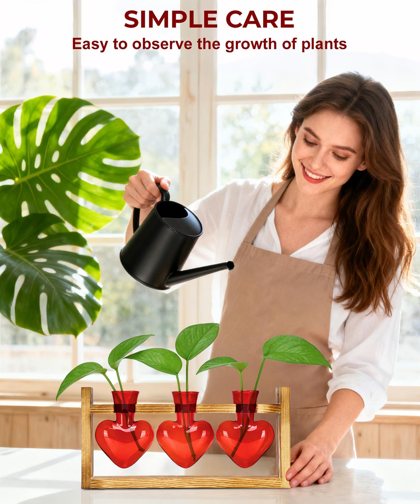 Nacome Plant Terrarium Propagation Stations: Mothers Day Gifts for Mom Plant Lovers Women Wife Daughter - 3 Bulb Glass Vase with Wooden Stand Tabletop for Hydroponics Garden Home Wall Decor(Red)