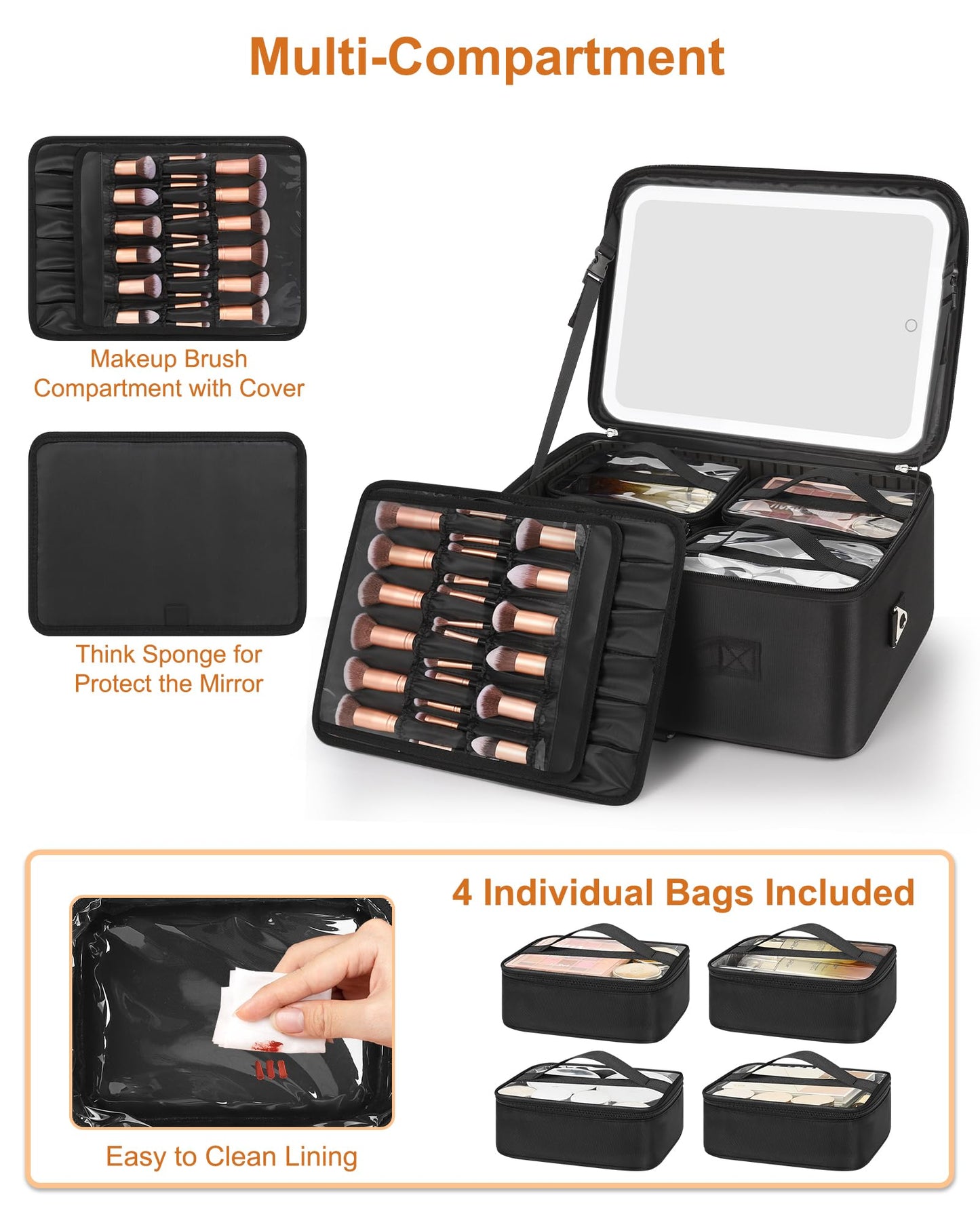 Relavel Travel Makeup Bag With LED Mirror, Cosmetic Train Case with Light up Mirror, Portable Makeup Artist Organizer Bag with Adjustable Dividers, Makeup Brush Holder Storage, Black
