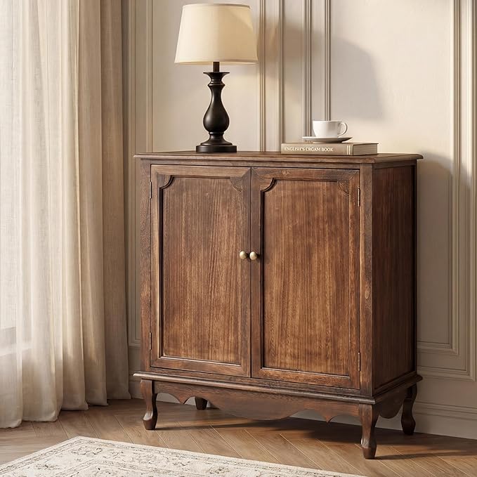 Solid Wood Sideboard with Adjustable Feet, 2 Shelves Storage Accent Cabinet