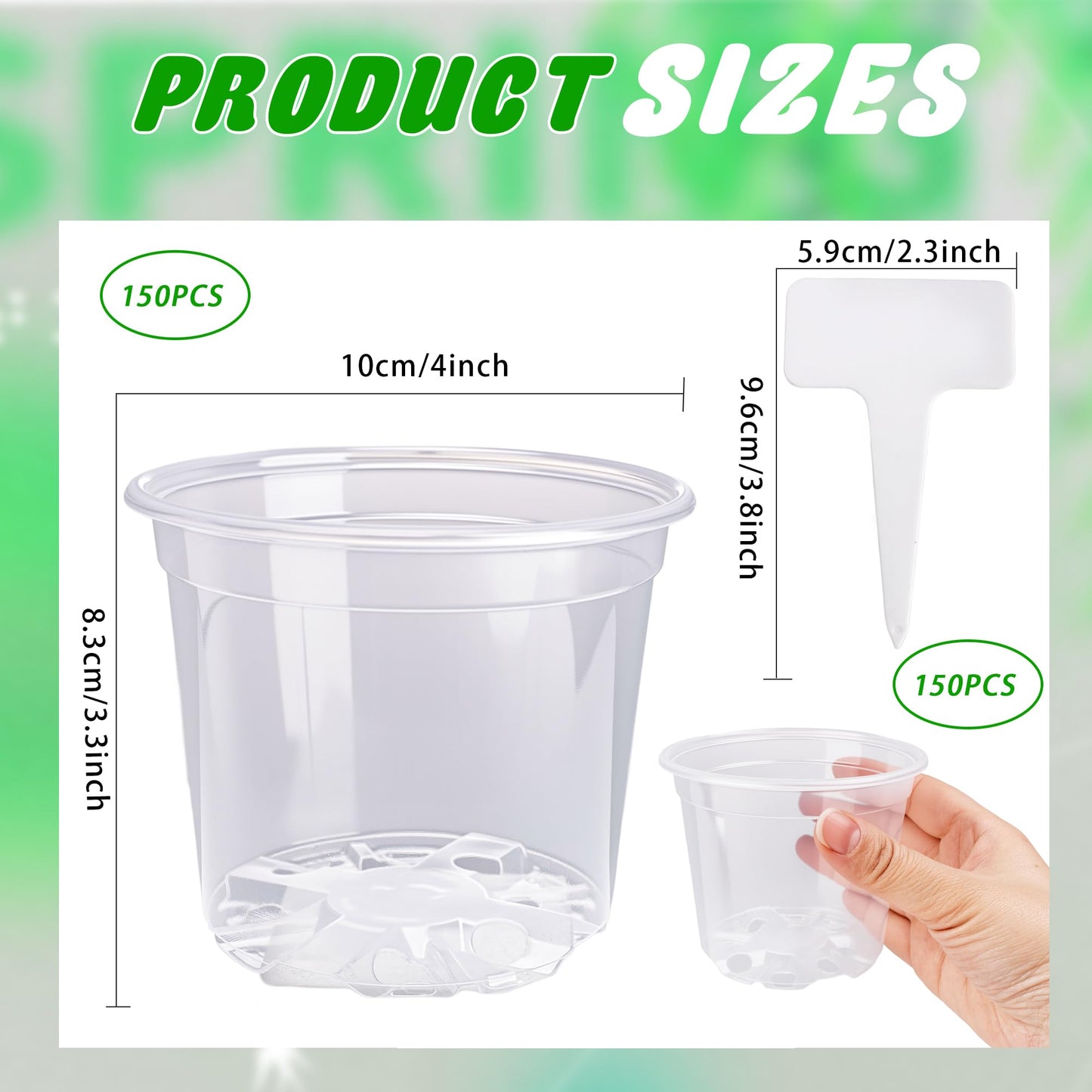 300 Pcs 4 Inch Clear Plant pots with Drainage Holes 150 Transparent Plastic Nursery 150 White Labels High Transparency Excellent Hardness for Seeding Cultivation Raising Flower Gardening Activities