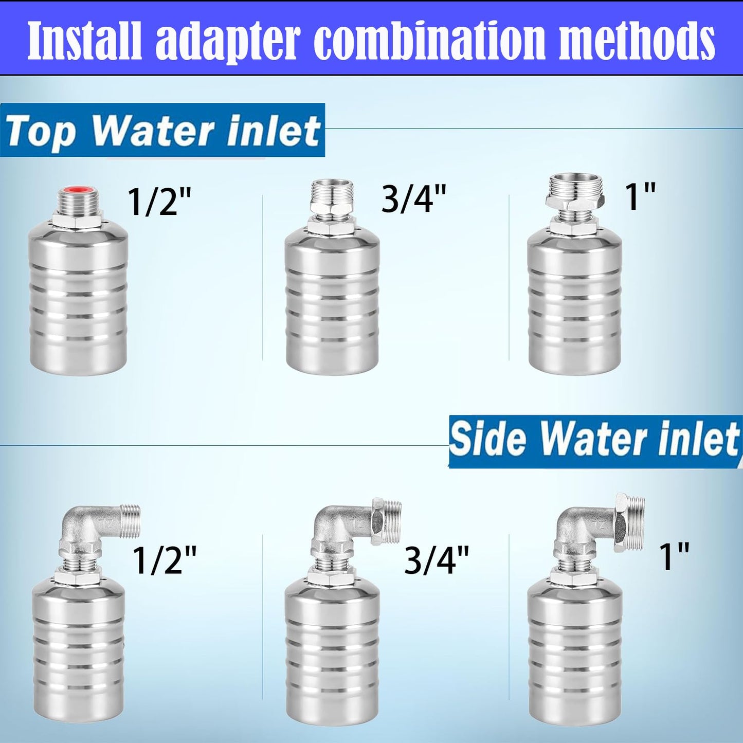 Upgraded Water Float Valve With 1/2" Bend and Adapters, 304 Stainless Steel Automatic Waterline Controller for Cistern, Aquarium, Livestock Trough and Pool