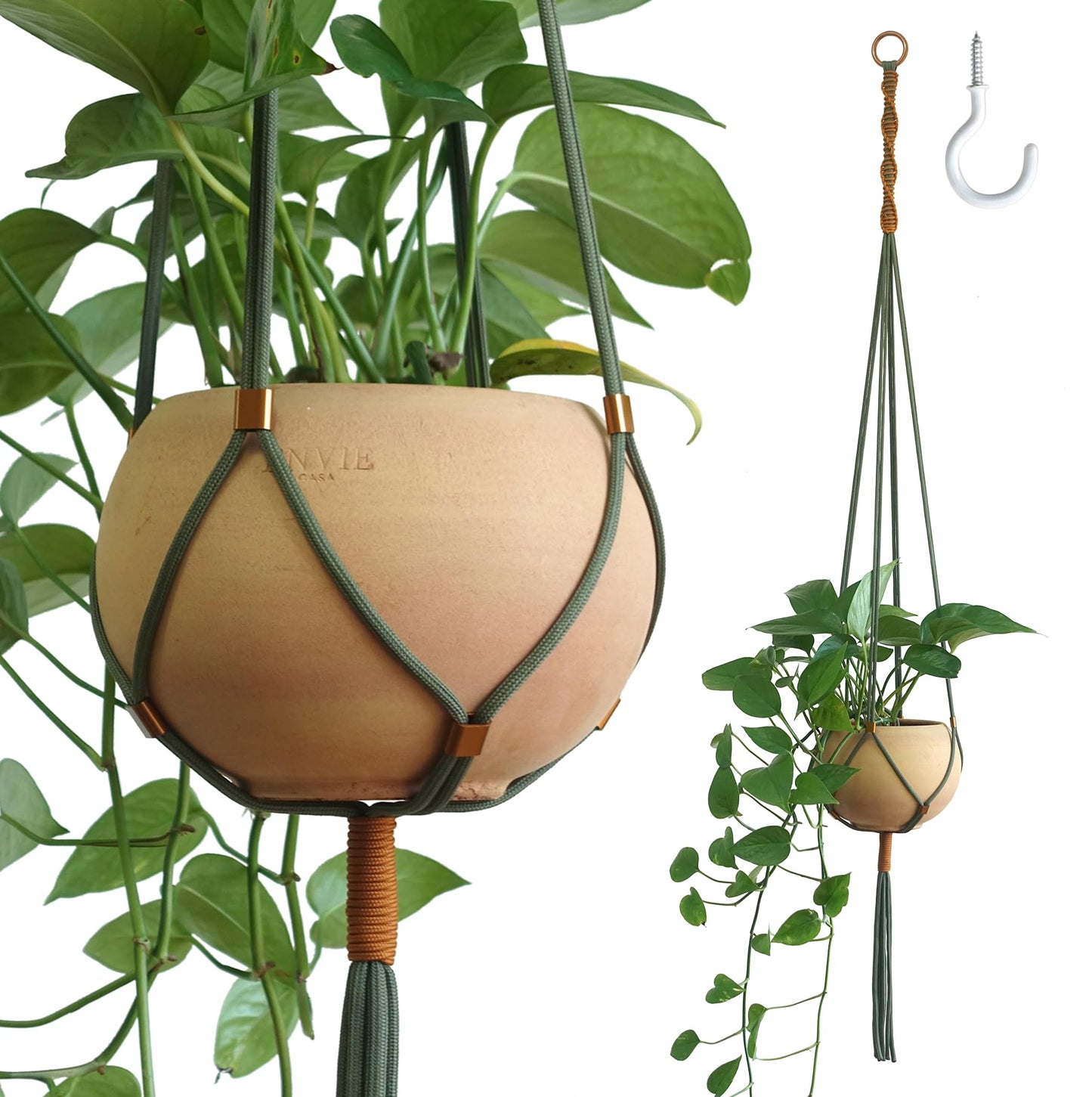 LET BE Macrame Plant Hanger Polyester Rope 42 Inch Outdoor Indoor Adjustable Hanging Planter for up to 10 Inch Plant Pot Modern Boho Home Decor (1, Forest Green/Burnt Orange)