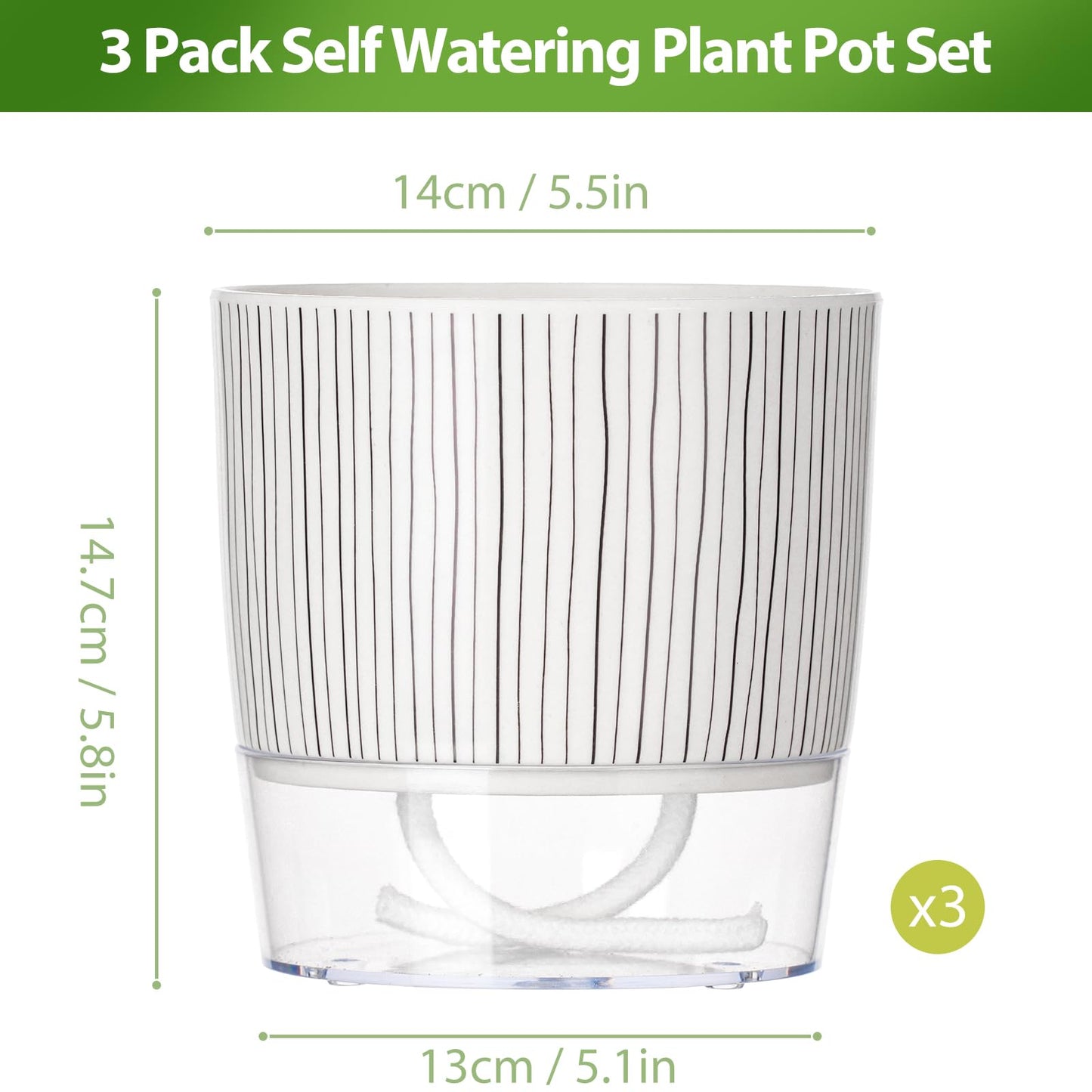CWYEYE 3 Pack Self Watering Pots Set, 5.5 Inch Self Watering Pots for Indoor Plants, Planter Pot with Wick Rope and Reservoir for African Violet, Spider Plant, Orchid
