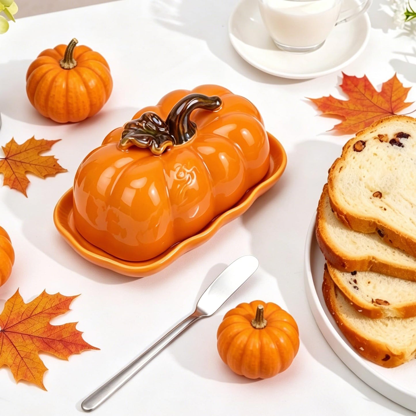 FTNESGYM Butter Dish with Lid for Countertop, Ceramic Cute Pumpkin Butter Container, Serving Tray with Cover, Decor Dinnerware for Halloween Thanksgiving Pumpkin Party (Orange)