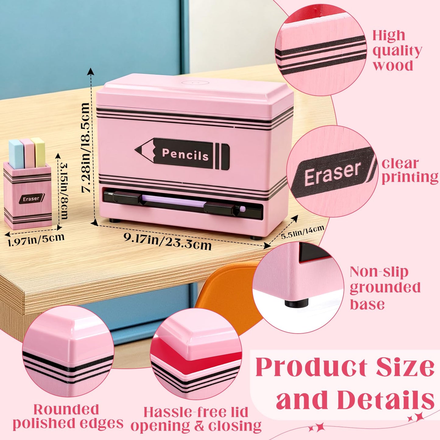 Gueevin 2pcs Pencil Dispenser for Classroom, Fun Desk Organizer with Eraser Holder, Interactive Pencil Storage for Teachers, Students & Homeschool Desk Organizer, Back to School Supplies(Pink)