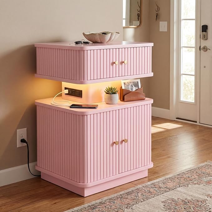 Nightstand with Charging Station, Modern Night Stand with Smart Led Light and 2