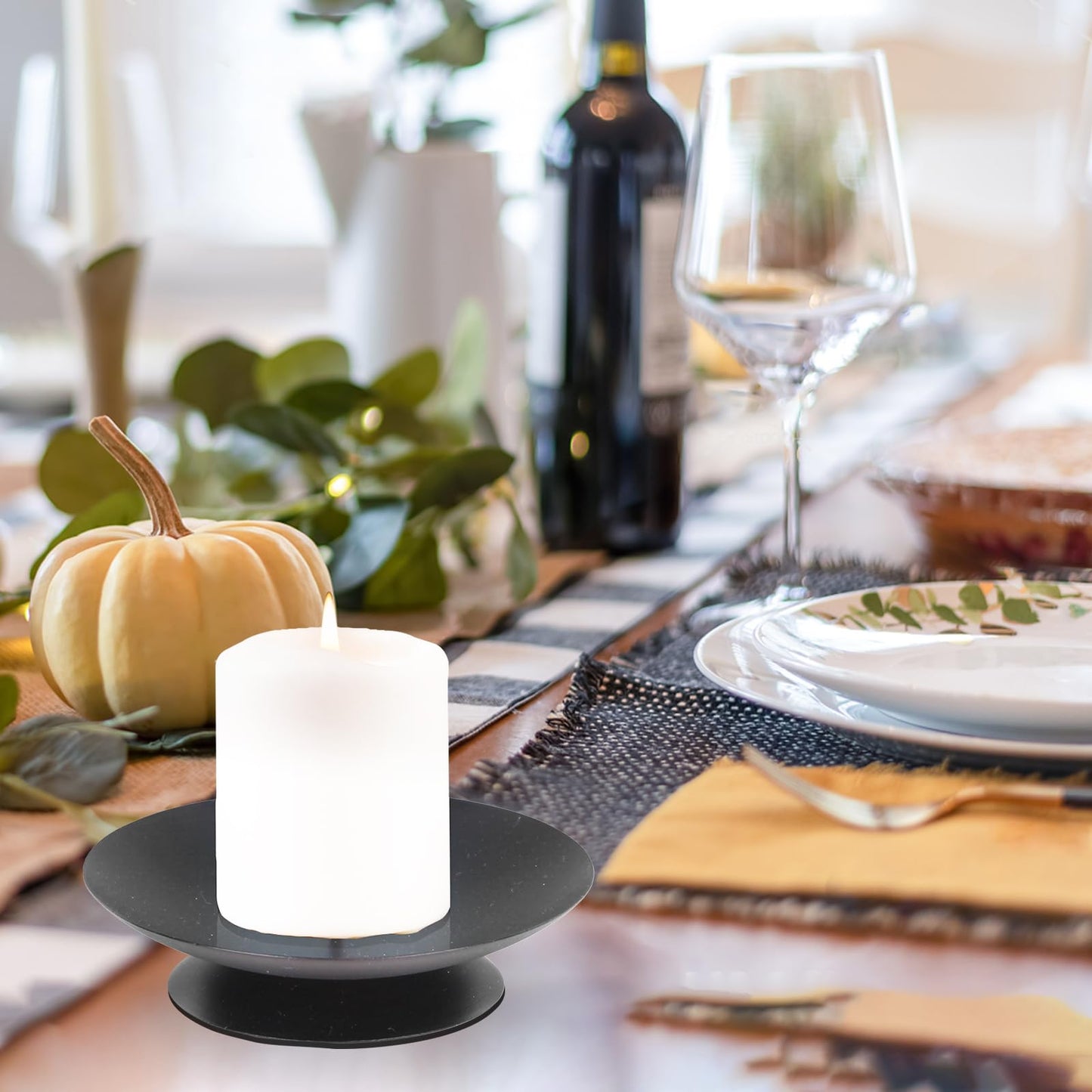 CREECHWA Pillar Candle Holder with Safety Spike, Set of 4, 3.5 Inch Metal Candle Plate, Pillar Candle Holders, Black Candle Stand