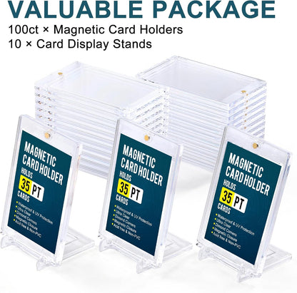 GEAoffice 100pc Magnetic Card Holder for Trading Cards, Hard Plastic 35pt UV Protection Baseball Card Holder with Display Stands for MTG, Sports Cards, Ultra Clear