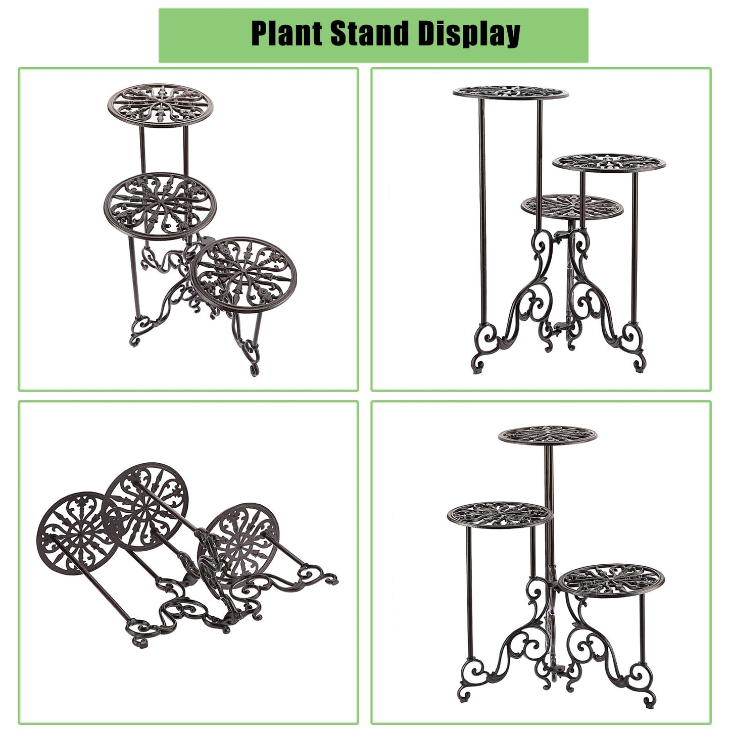 OwnMy 3 Tier Heavy Duty Cast Iron Plant Stand Foldable Wrought Iron Flower Pot Holder, Indoor Outdoor Tall Plant Stand Shelf for Garden Patio, Decorative Round Metal Plant Display Rack, Retro Brown