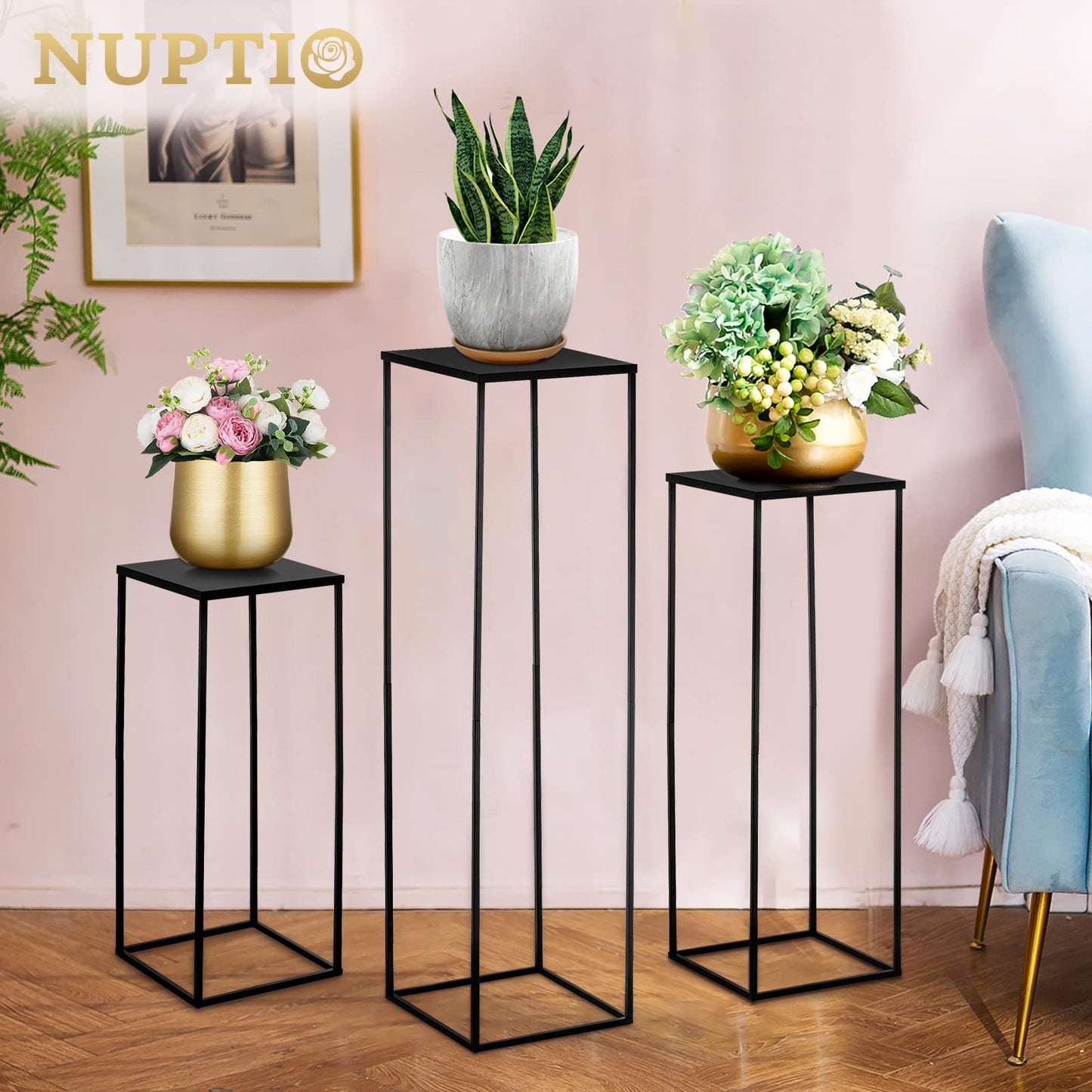 Nuptio Black Vase for Wedding Centrepieces: 3 Pcs Tall Plant Stand Flower Vases Large Metal Display Table Column Rack Geometric Centre Pieces for Home Birthday Party Decorations(23.6/31.5/39.4in)