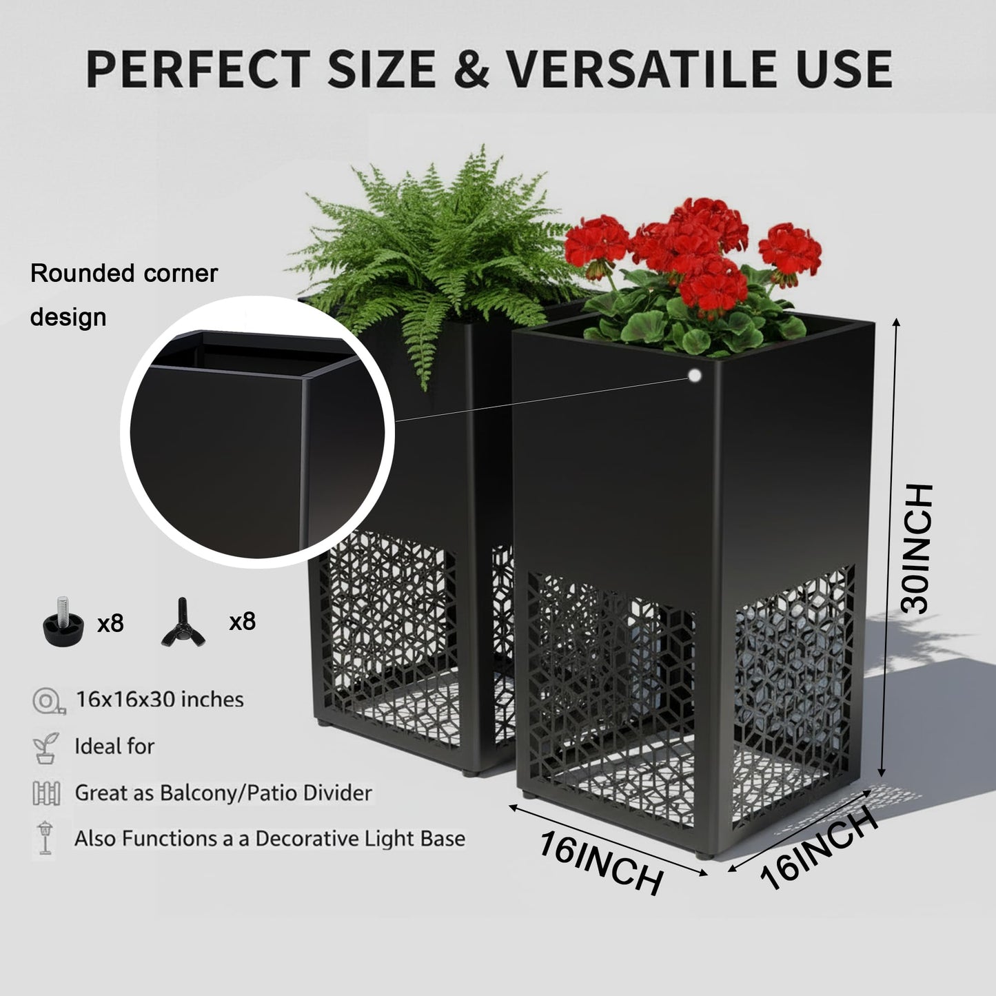 Vrtizalv 2 Pack Tall Metal Planter Box for Outdoor Plants 16" L x 16" W x 30" H, Heavy Duty Tall Rounded Corner Spliced Hollowed-Out Design Planter for Porch, Garden, Patio, Yard Outdoor Plants
