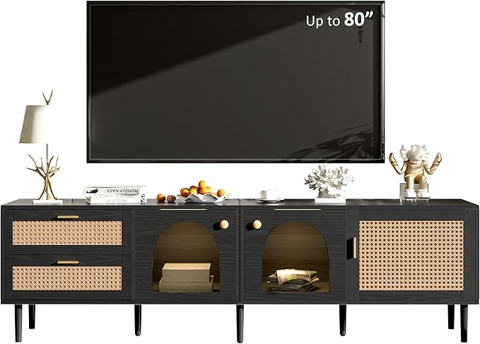 Merax Rattan TV Stand with LED Lights, Solid Wood Feet, Living Room, Bedroom