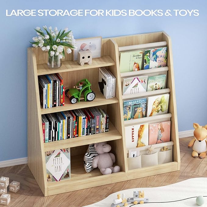 EXPERLAM Kids Bookshelf and Toy Storage Organizer, 4 Tier Wooden Kids Book Shelf