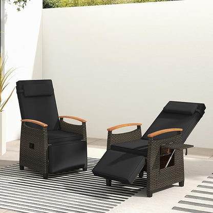 RELAX4LIFE Rattan Outdoor Recliner Chair - Wicker Chaise Lounge Chair w/Adjustable Back & Footrest, Acacia Wood Armrests, Flip Side Table, Cushion, Reclining Patio Chair for Pool Yard (2, Black)