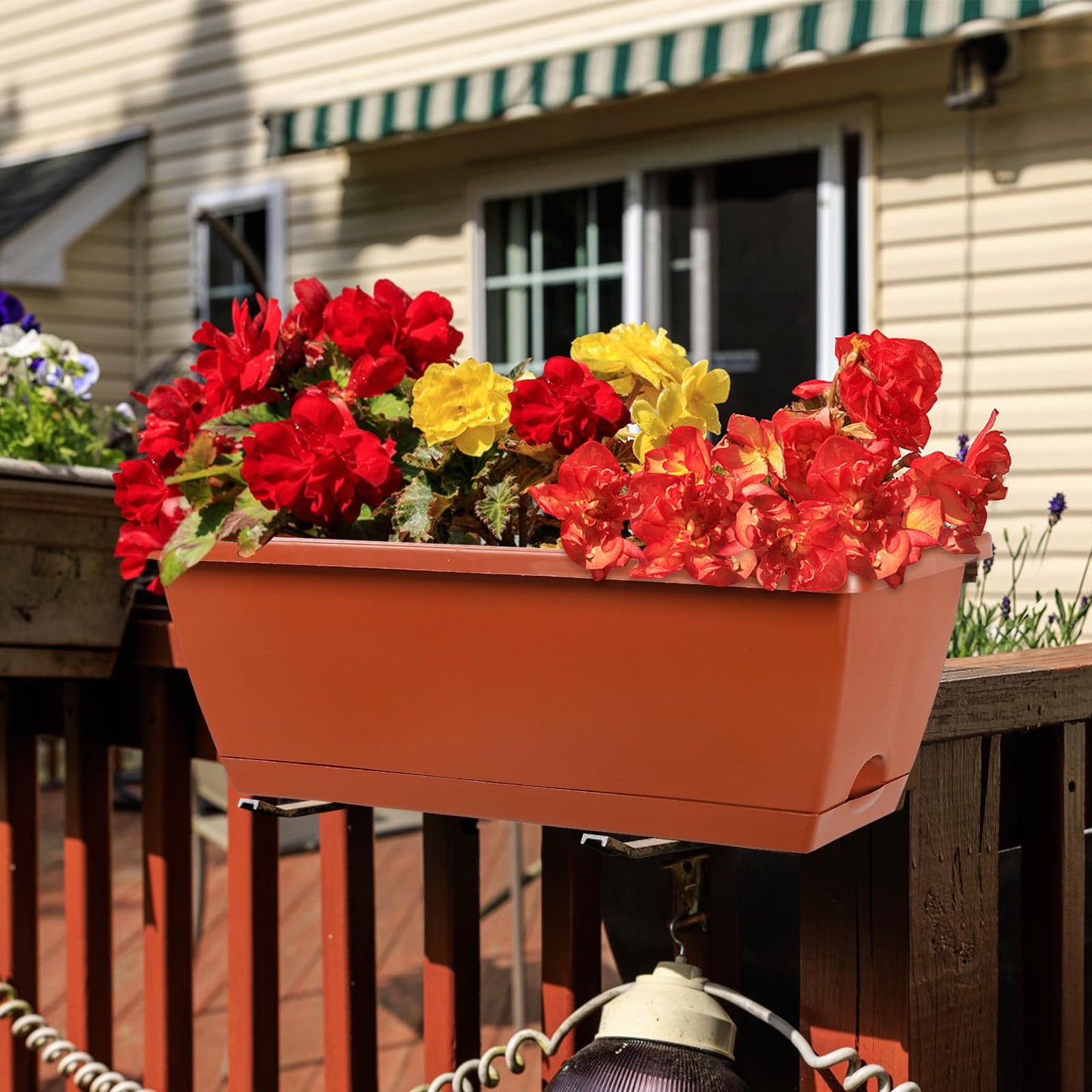Lysjtsr 12Pcs 17Inches Rectangle Planter Box with Drainage Holes and Trays Plastic Planters Flower Boxes Pots for Indoor Outdoor Plants Patio Garden Home Decor Porch Yard (Red)