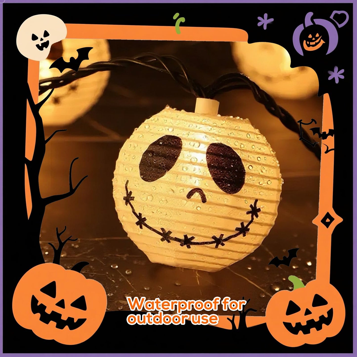 Brillarlights Halloween Decorations Ghost Lantern String Lights Plug in, 10 Pack Ghost Jack Skellington White Lantern Lights with Black Cord, Spooky Lights Outdoor for Halloween Spooky Mantel Decor