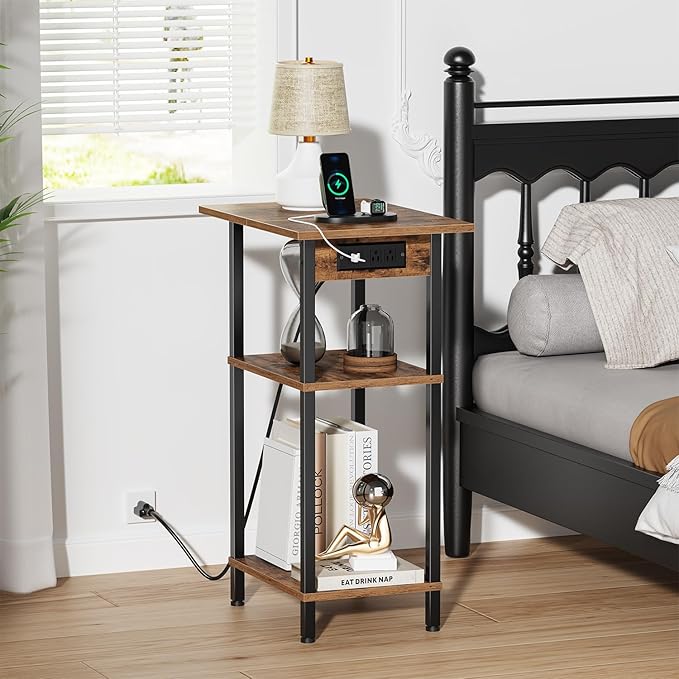 Asgolion Tall End Table with Charging Station, Skinny Nightstand with USB Ports