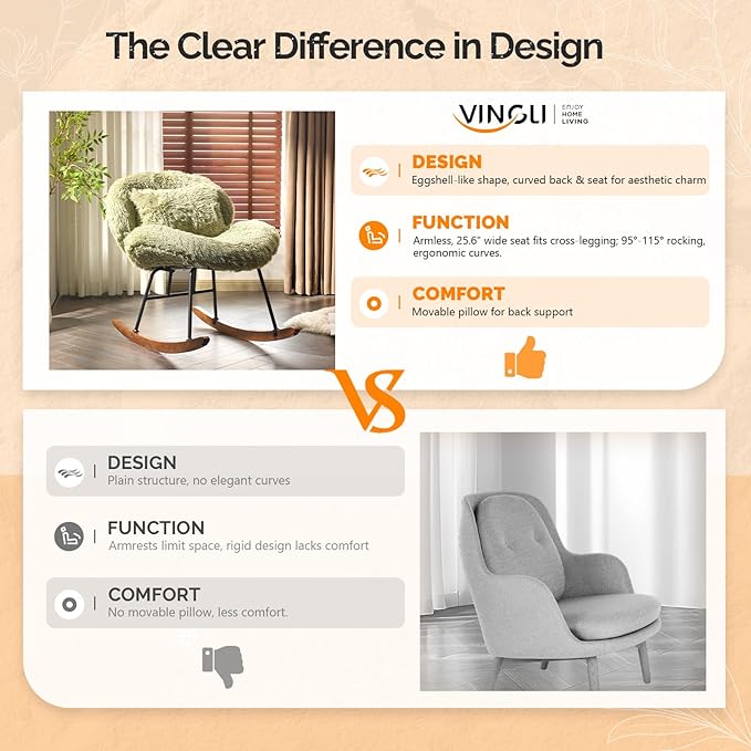 VINGLI 25.6" Extra Wide Criss Cross Nursery Rocking Chair, Cute Curved 115°