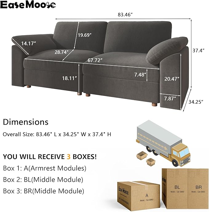 EASE MOOSE Comfty 2 Seat Couch, FSC Certified Modern Deep Seat Sectional Modular