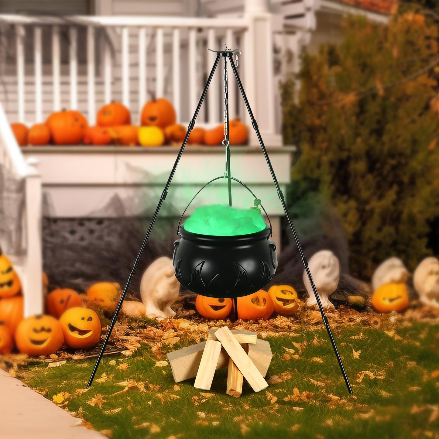 KOYILTD Halloween Outdoor Hocus Pocus Candy Cauldron Witches Cauldron on Tripod with Lights Garden Decor Halloween Candy Bowl Spooky Poison Soup Pot Decor for Home Porch (Green, Large)