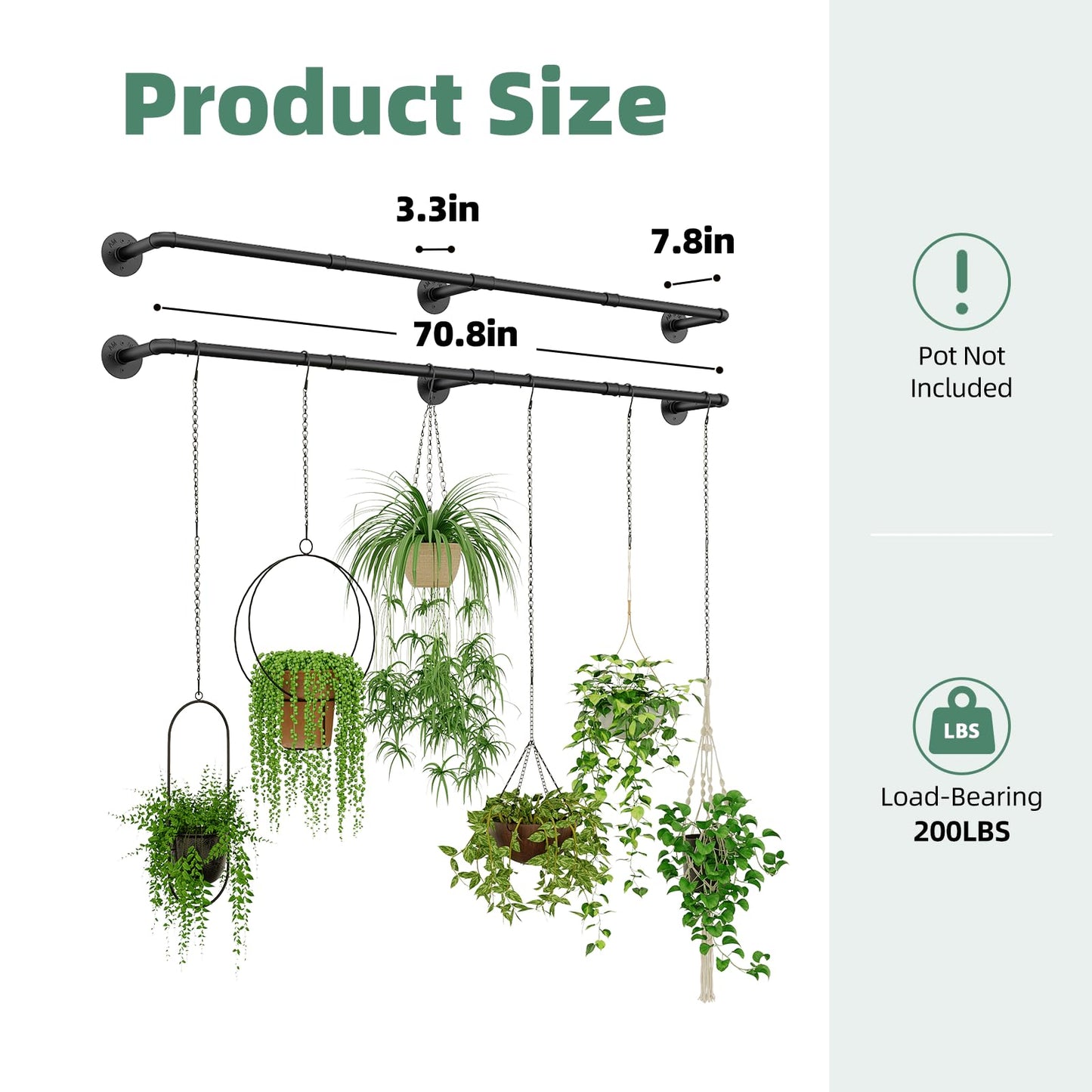 Galood Plant Hanger Indoor Hanging Planters for Indoor Plants Hanging Plant Holder Window Plant Rod Black Metal Shelves 70.8 Inch 2PCS Pot not Included