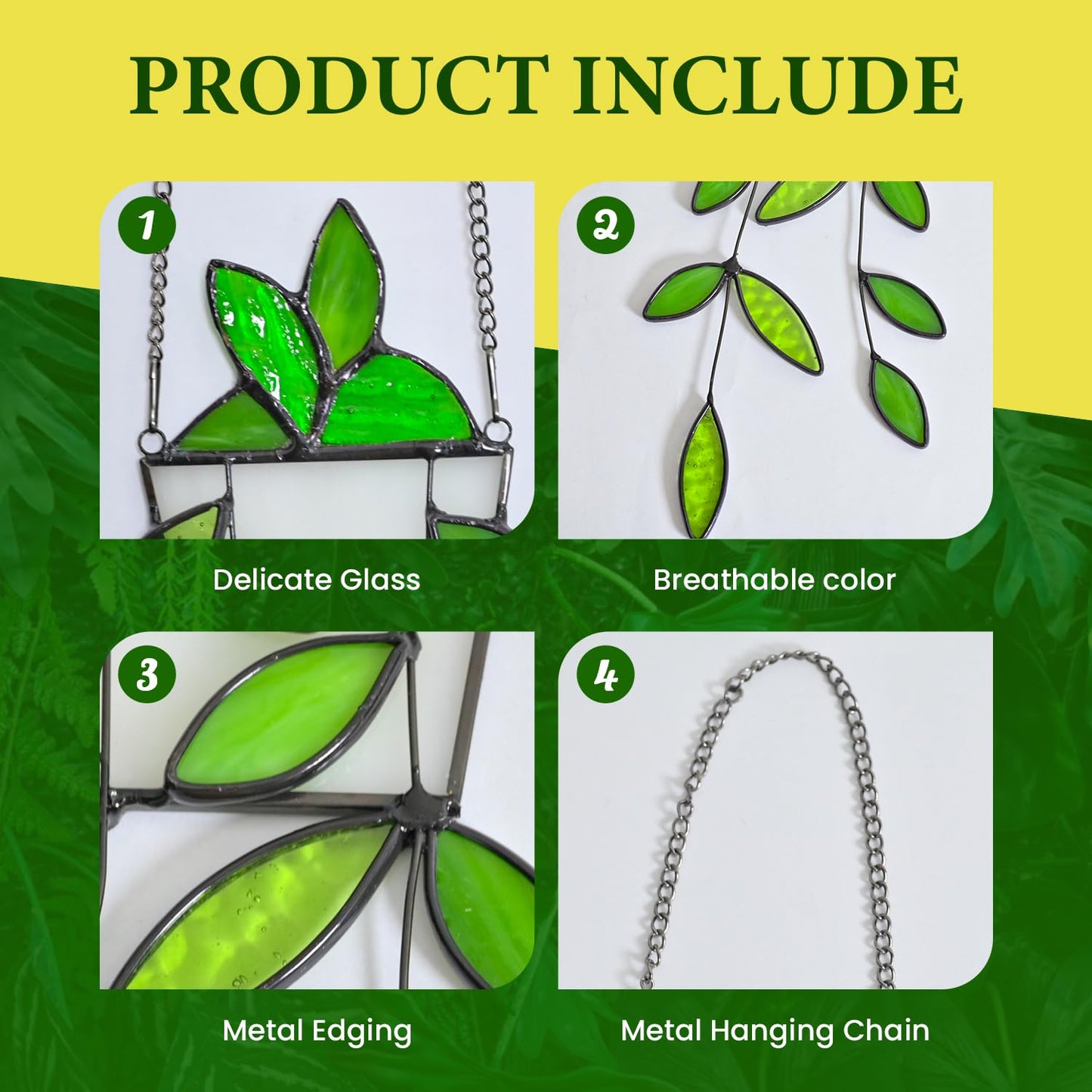Fake Hanging Plants Greenery Stained Glass Plant Window Hanging Handmade Green Leaf Suncatcher Faux Plant Stained Glass Panel with Chain Sun Catcher Gift for Women Mom Grandma Plant Lovers Home Decor