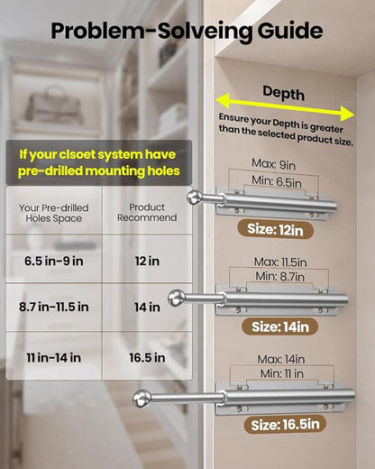 Supforce Valet Rod for Closet Pull Out, Retractable Slide Out Valet Rod Closet Organization, 12" Aluminum Valet Clothing Hanger Rods Perfect for Suits, Freshly Pressed Clothes, Polished Chrome