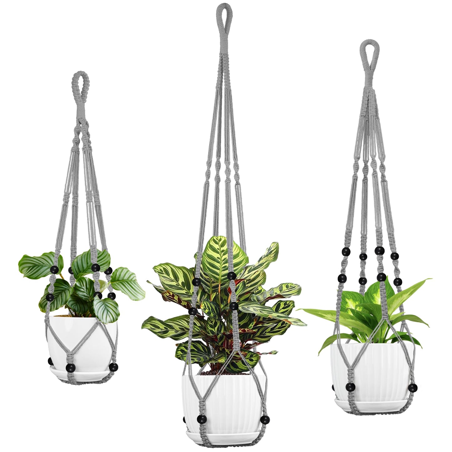 IDEEEPAN Macrame Plant Hanger - Fits 4 to 15 inches Pots for Indoor Outdoor, 43"/35"/29" Different Sizes Set, Gray (POTS NOT Included)