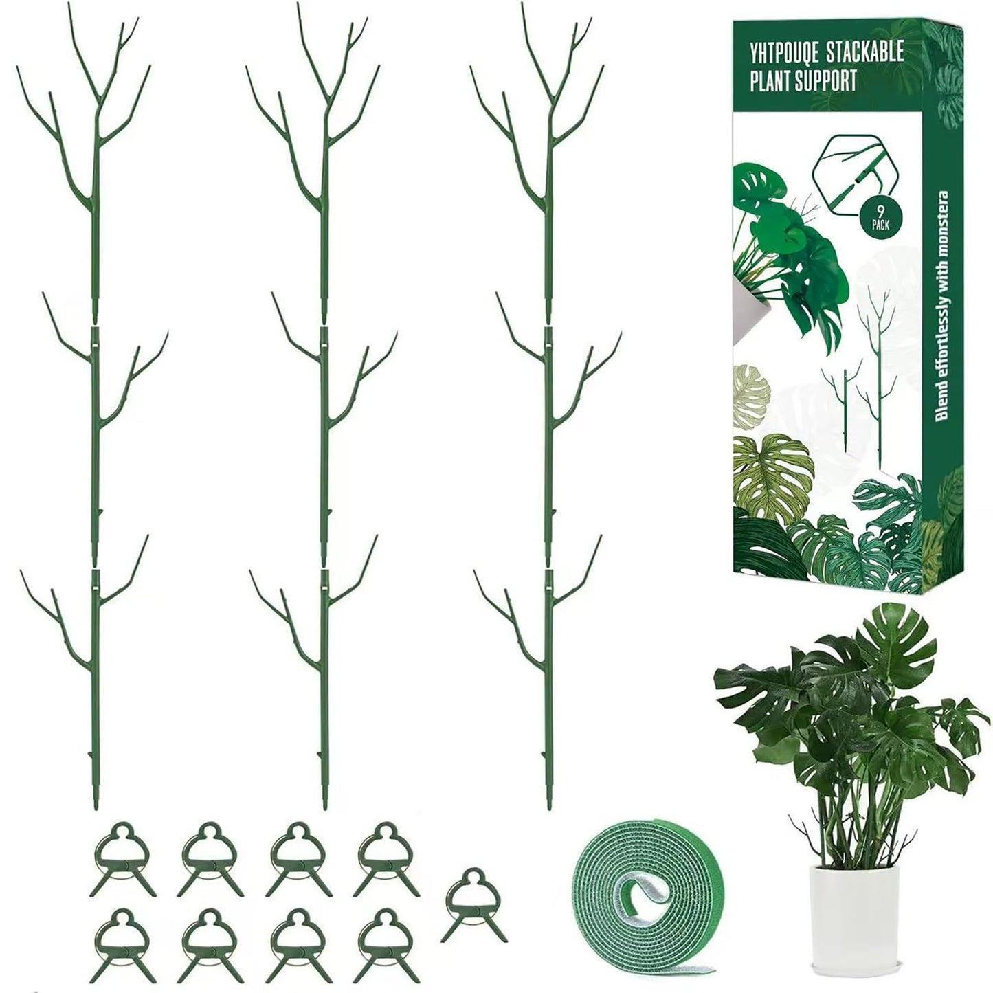 Yhtpouqe 9 Pack Green Plant Support Stakes Plant Stakes for Indoor and Outdoor Plants. 39.37inch Plant Sticks with Extension Poles, Plant Clips,Plant Ties for Potted Monstera Plants, Climbing Plants