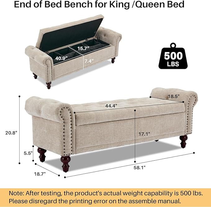 SOFTHION 58.1" Storage Bench Upholstered Chenille End of Bedroom Bed Bench