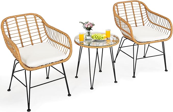 Tangkula 3 Pieces Patio Bistro Set, Rattan Conversation Set