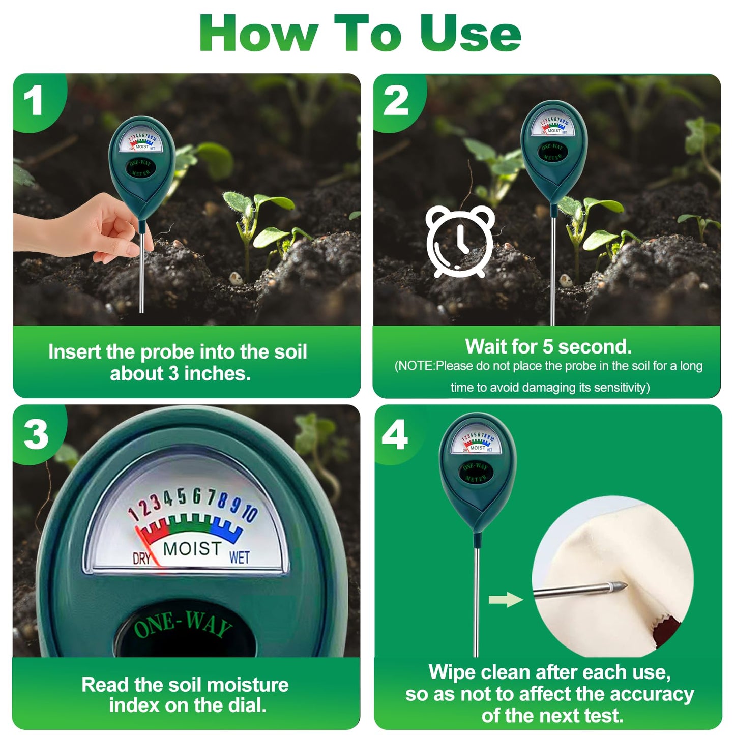 METINFUS Pack of 4 Green Soil Moisture Meter for Plants, Soil Meter, Soil Tester, Hygrometer for Garden, Farm, Lawn, Ideal for Beginners & Indoor Plant Enthusiasts, No Battery Required