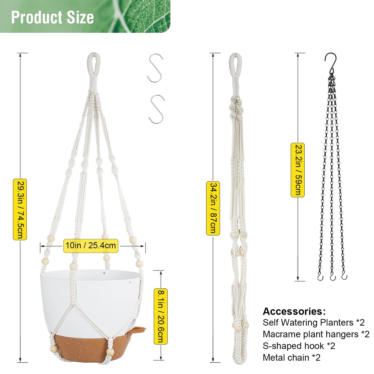 Meowell 10 inch Self Watering Hanging Planters, 2 Pack Hanging Baskets for Indoor Outdoor Plants, Hanging Flower Pots with Drainage Holes & 2 Kinds of Plant Hangers for Garden Home Décor, White Brown