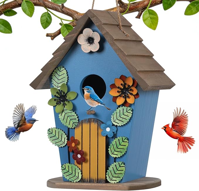 Bird Houses for Outside,Wooden Blue Birdhouse,Decorative Birdhouses for Outdoors,Hanging Bird Houses,Bird Box Nest,Humming Bird House for Outside,Bird Gifts for Bird Lovers