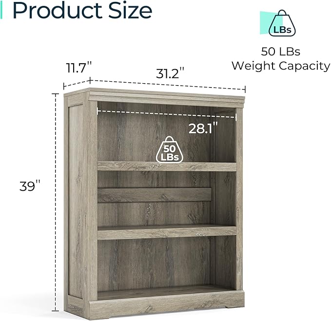 LINSY HOME 3-Tier Bookshelf, Small Wood Display Storage Shelves Farmhouse