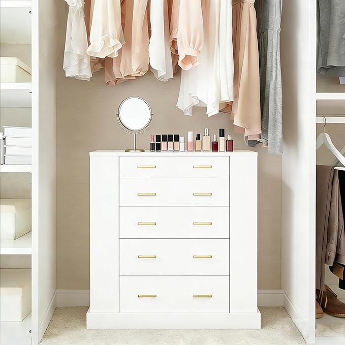 Drawer Dresser with LED Lights and Open Shelves, Modern Tempered Glass Top