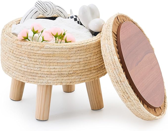 Cpintltr Storage Ottoman Poufs Handwoven Footstool Natural Seagrass Round