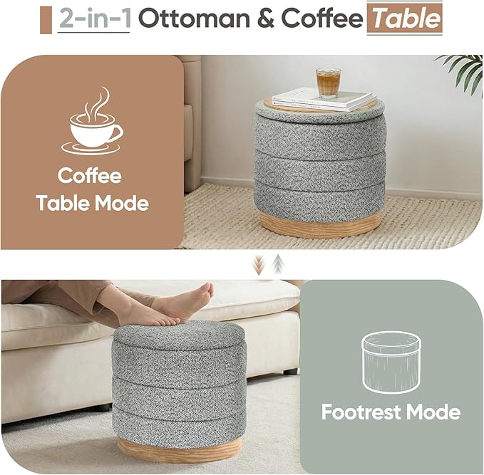 Round Storage Ottoman with Reversible Tray Lid, Folding Chenille Fabric