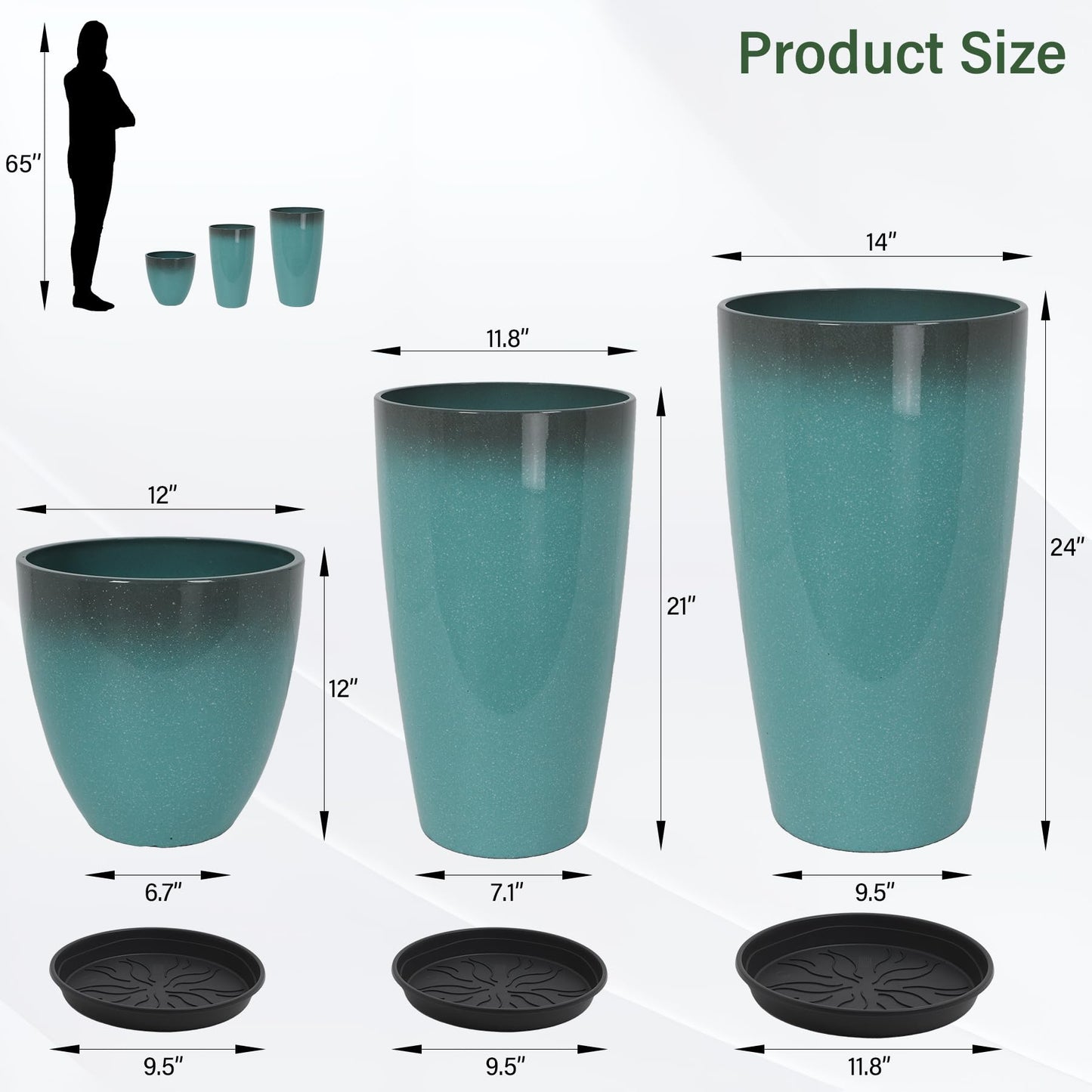 Neoaider 24/21/12 Inch Large Plastic Planter, Lightweight Ceramic-Look Tall Planters with Drain Hole & Saucers, Tall Plastic Planters for Porch, Garden, Patio, Balcony(Sky Blue)