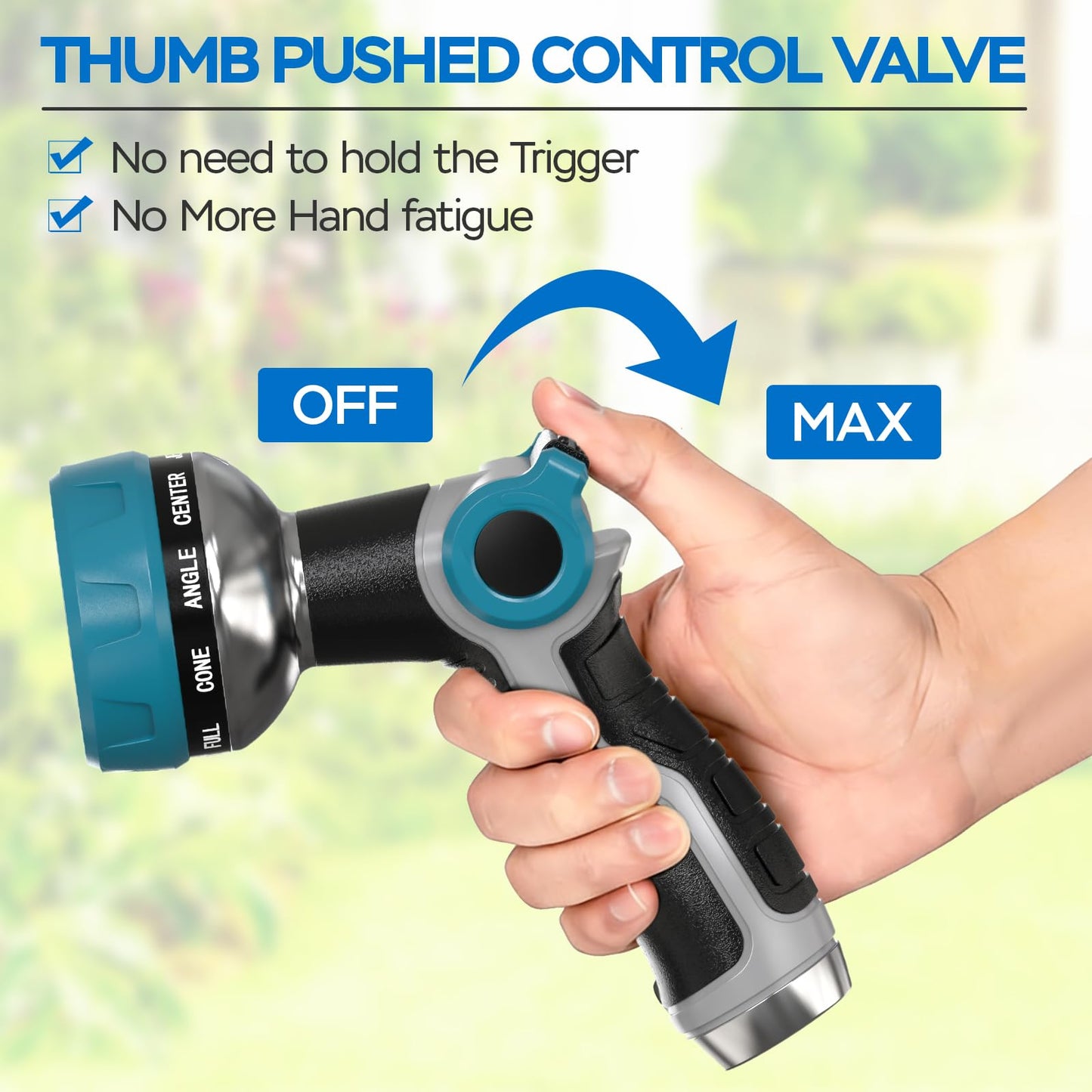 Heavy Duty Garden Hose Nozzle - 10 Spray Patterns, Thumb Control Water Pressure, Semi-Metal Construction Ergonomic Anti-Slip Handle, hose nozzle for Watering Plants, Car Wash, Pet Shower
