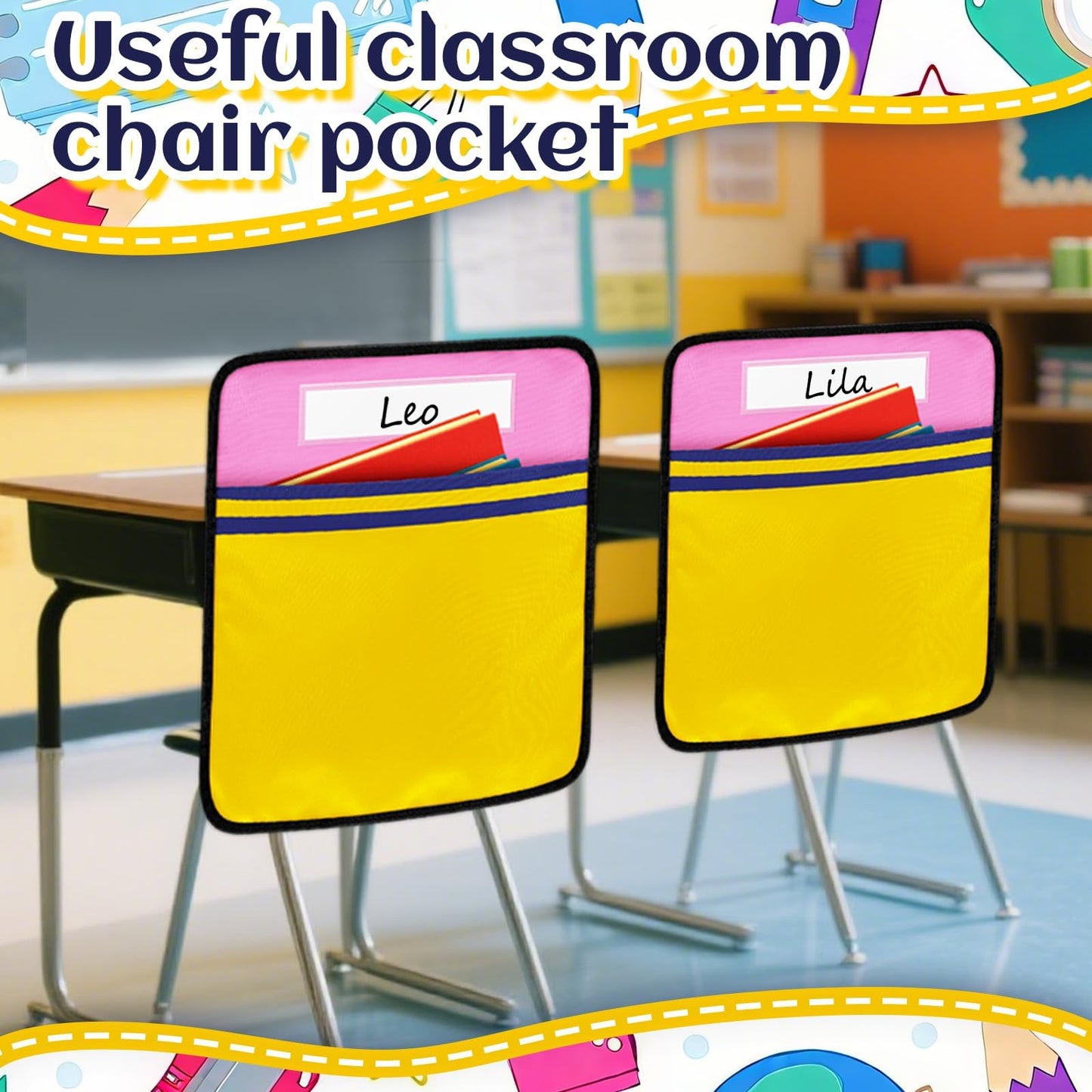 24Pcs 17 * 19 Inch Classroom Seat Back Organizer, Back to School Chair Pockets with Name Tag, Chair Hanging Bag Seat Sacks Suitable for Families Kindergarten Primary School After-School Care Room